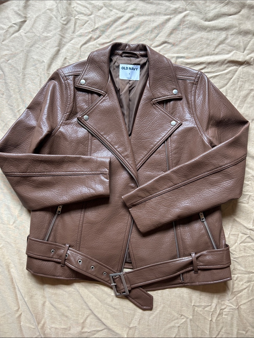 Old Navy Women's Brown Faux Leather Moto Jacket with Belt